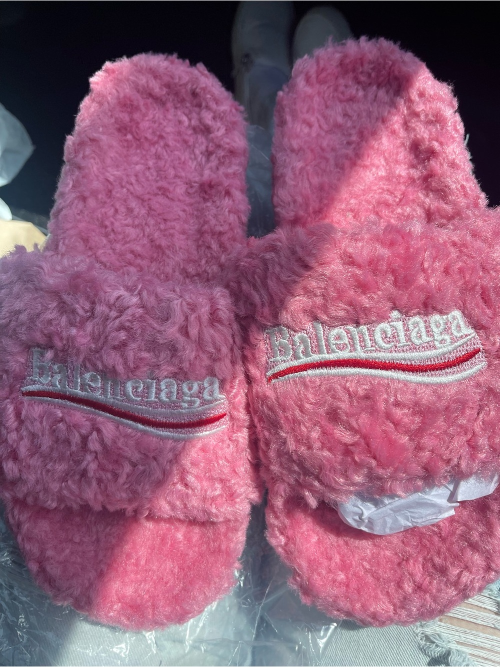 Balenciaga Pink Fuzzy Slide Sandals with Embossed Logo